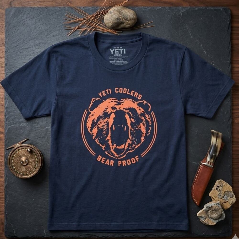 YETI Coolers Bear Proof Graphic T-Shirt Navy Orange Mens Medium NWT